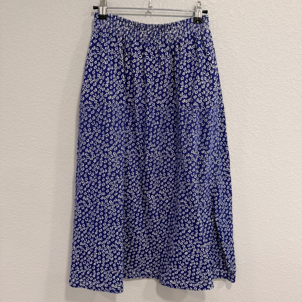 VTG Women's M Blue White Floral 100% Cotton Knit Midi Skirt Smocked Waist Granny